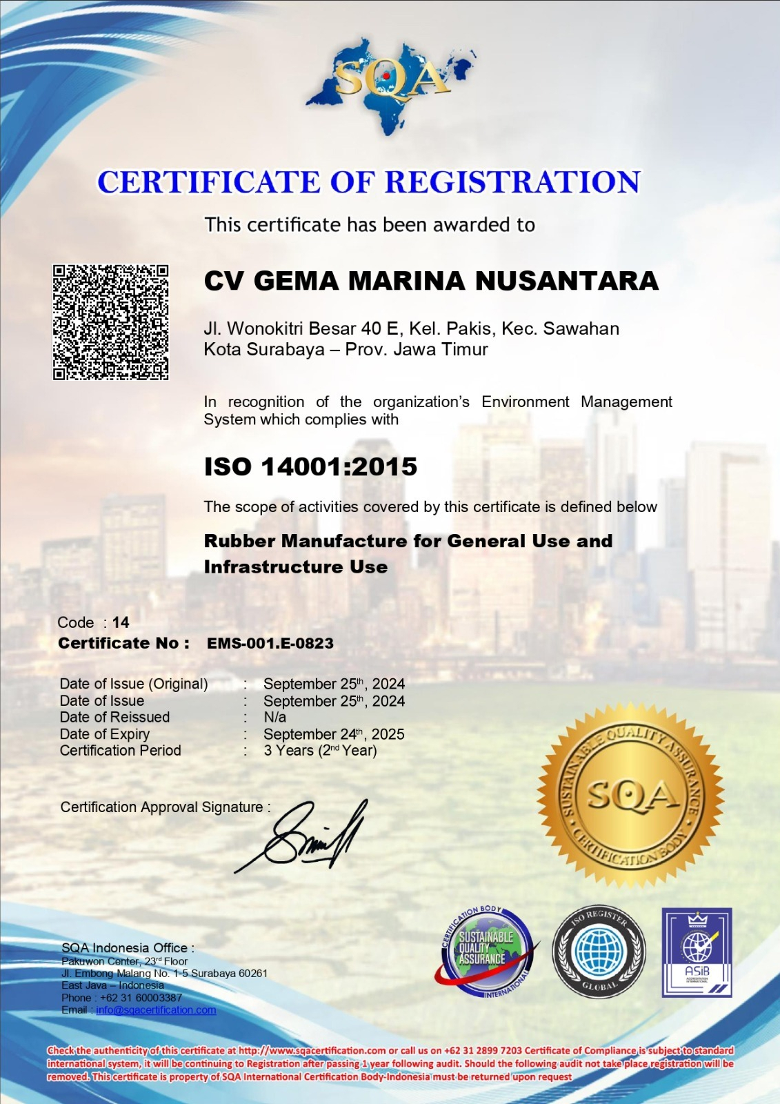 ISO 14001:2015 Rubber Manufacture for General Use and Infrastructure Use