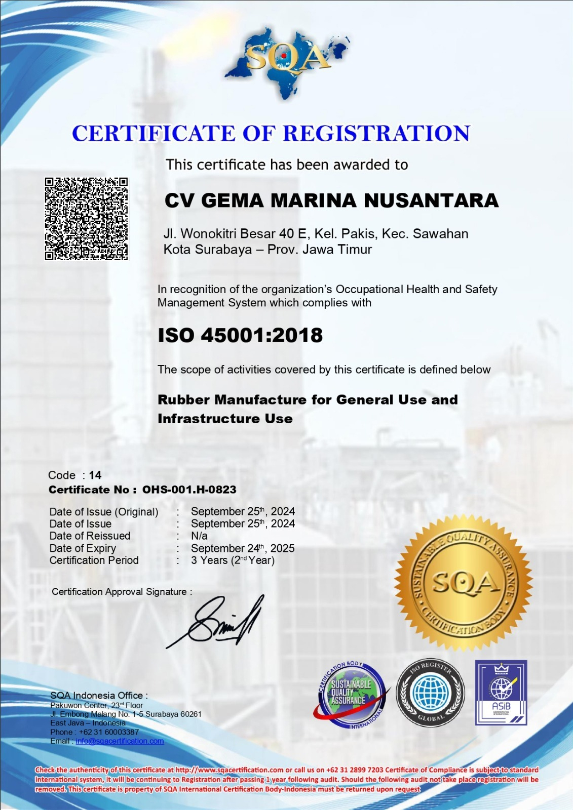 ISO 45001:2018 Rubber Manufacture for General Use and Infrastructure Use