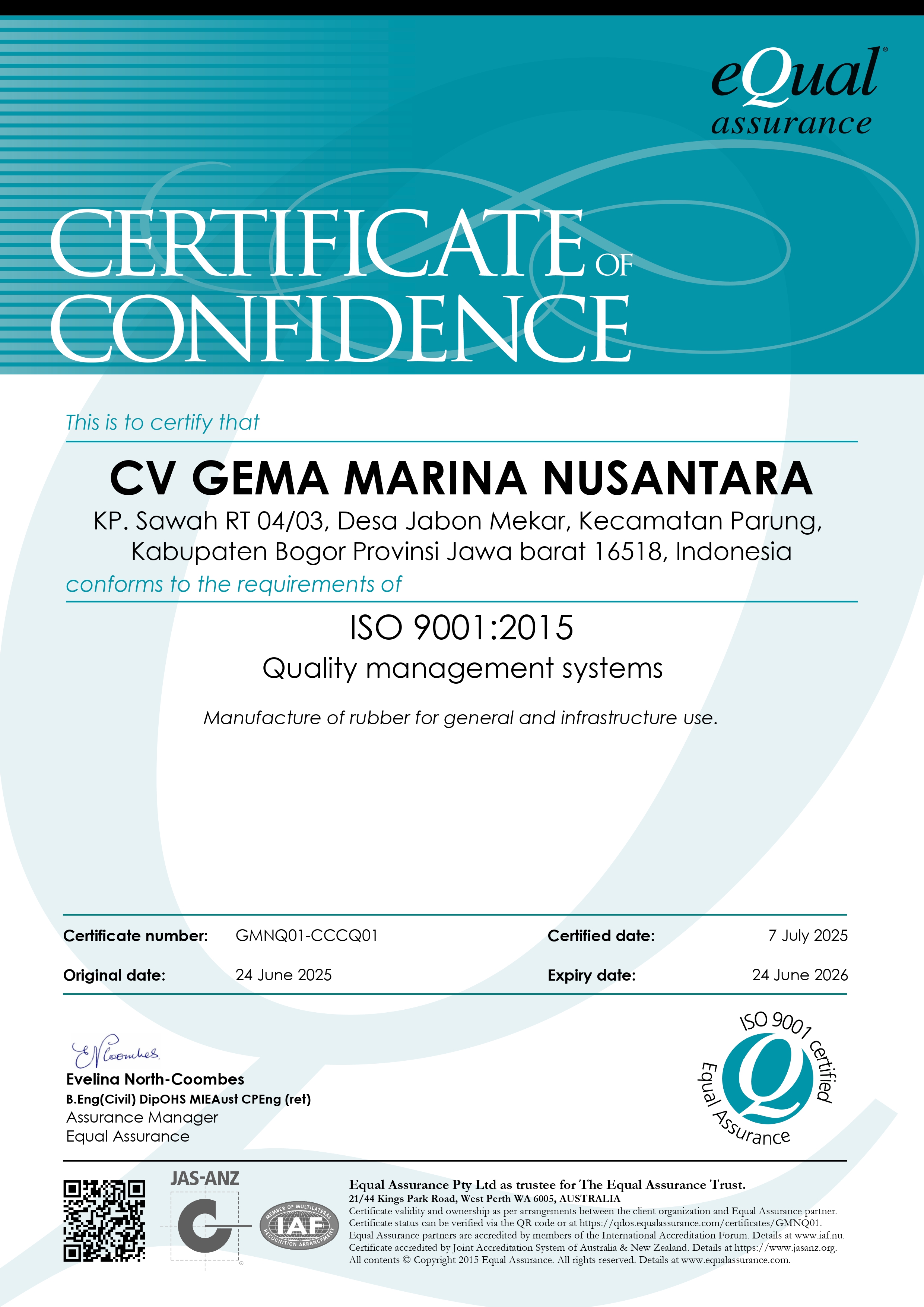 ISO 9001:2015 Rubber Manufacture for General Use and Infrastructure Use